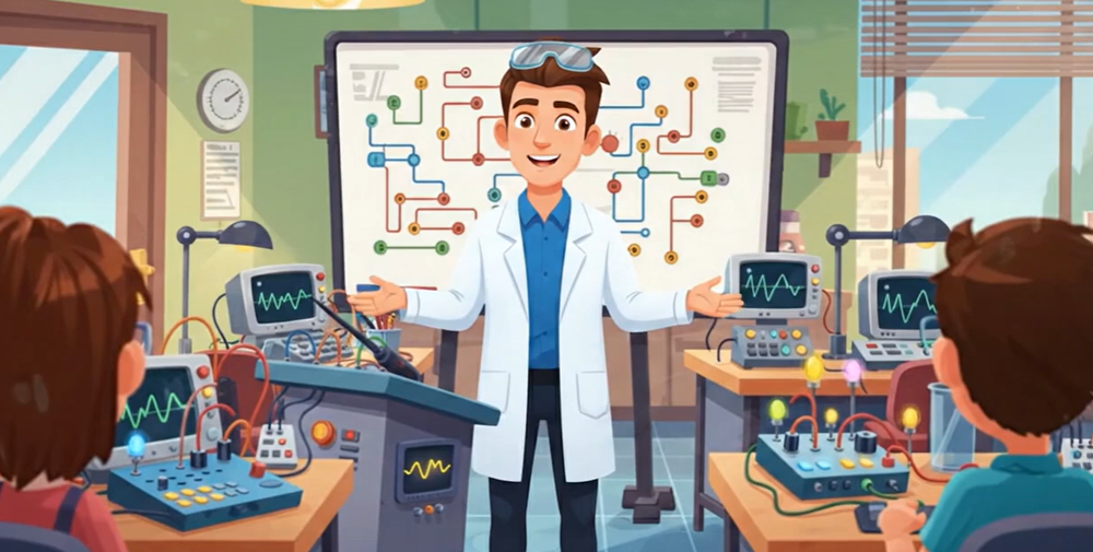 Inventor Loco — cartoon illustration of a scientist in an optical communications lab